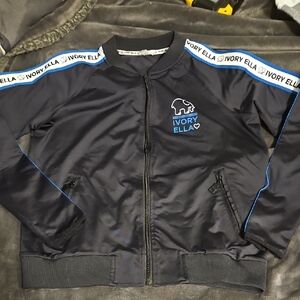 Ivory Ella Black and Blue Bomber Jacket with Striped Trim. New